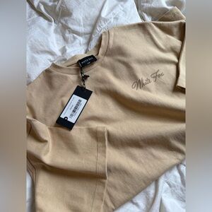 White Fox Boutique Short Sleeve Tee in Tan with Script Logo